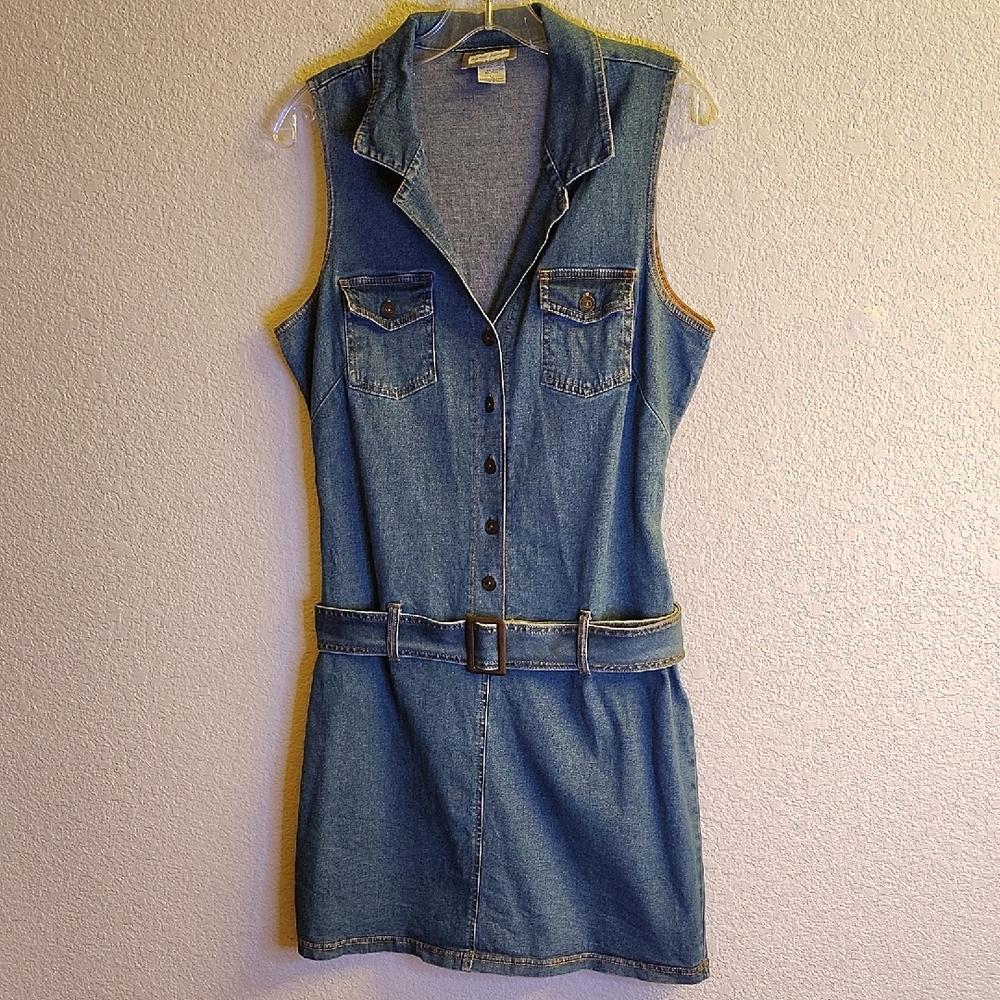Aqua Blu Size L Blue Denim Chambray Dress B48 X